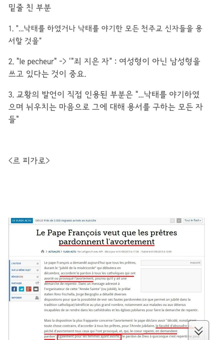 교황의 낙태 용서 발언에 대한 한국과 프랑스 언론 기사 비교 | 인스티즈