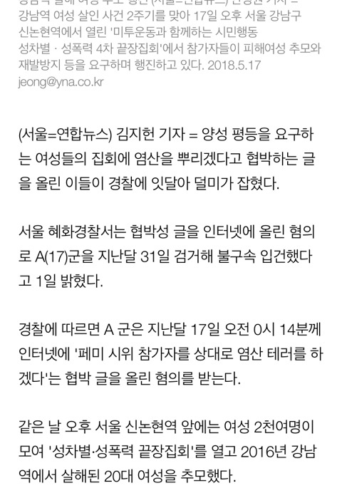 여성집회 염산테러 협박글 올렸다가 경찰에 잇따라 덜미 | 인스티즈